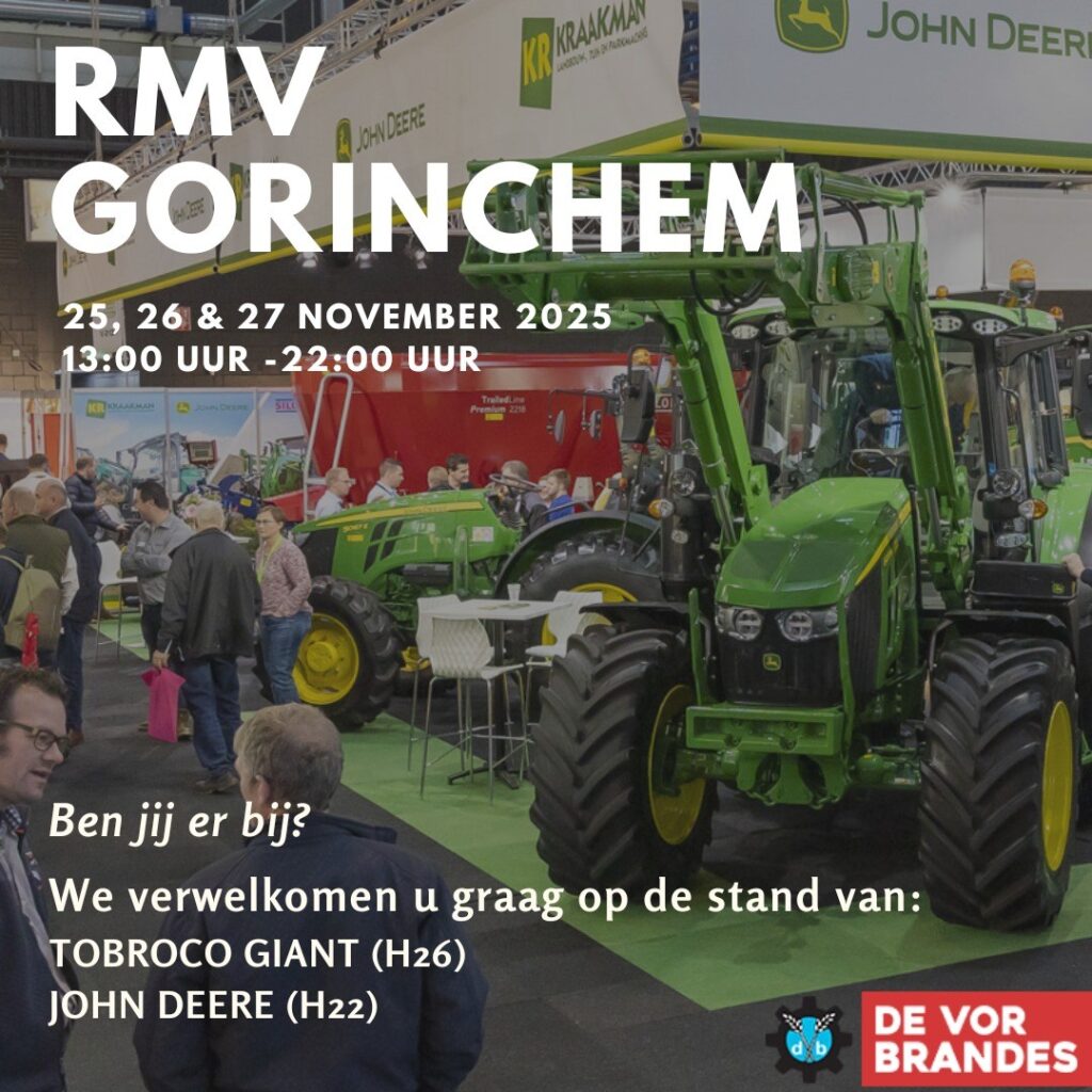 Op 25, 26 en 27 november 2025 van 13.00 - 22.00 uur vinden de Rundvee & Mechanisatie Vak-dagen plaats.
Wij nodigen je graag uit als klant van De Vor, Brandes & Co. B.V. om deze beurs te bezoeken.
Onze mensen zijn te vinden op de gezamenlijke John Deere stand en bij Tobroco Giant, fabrikant van de Giant shovels.
Meld je aan en ontvang gratis toegang!
Wij hopen je te ontmoeten bij stand H22 en stand H26.
